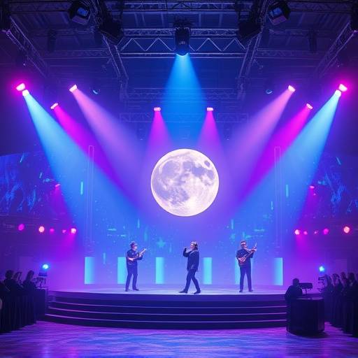 BTS image of music video production 'Lunar Echo', showing a colorful stage setup and lighting.